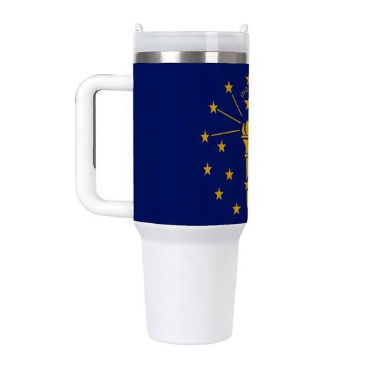 [Brand] travel mug featuring Indiana flag design with handle.