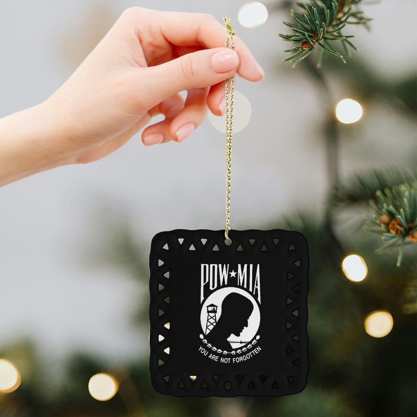 POW/MIA Flag Inspired Square Ceramic Ornament (Made in the USA)