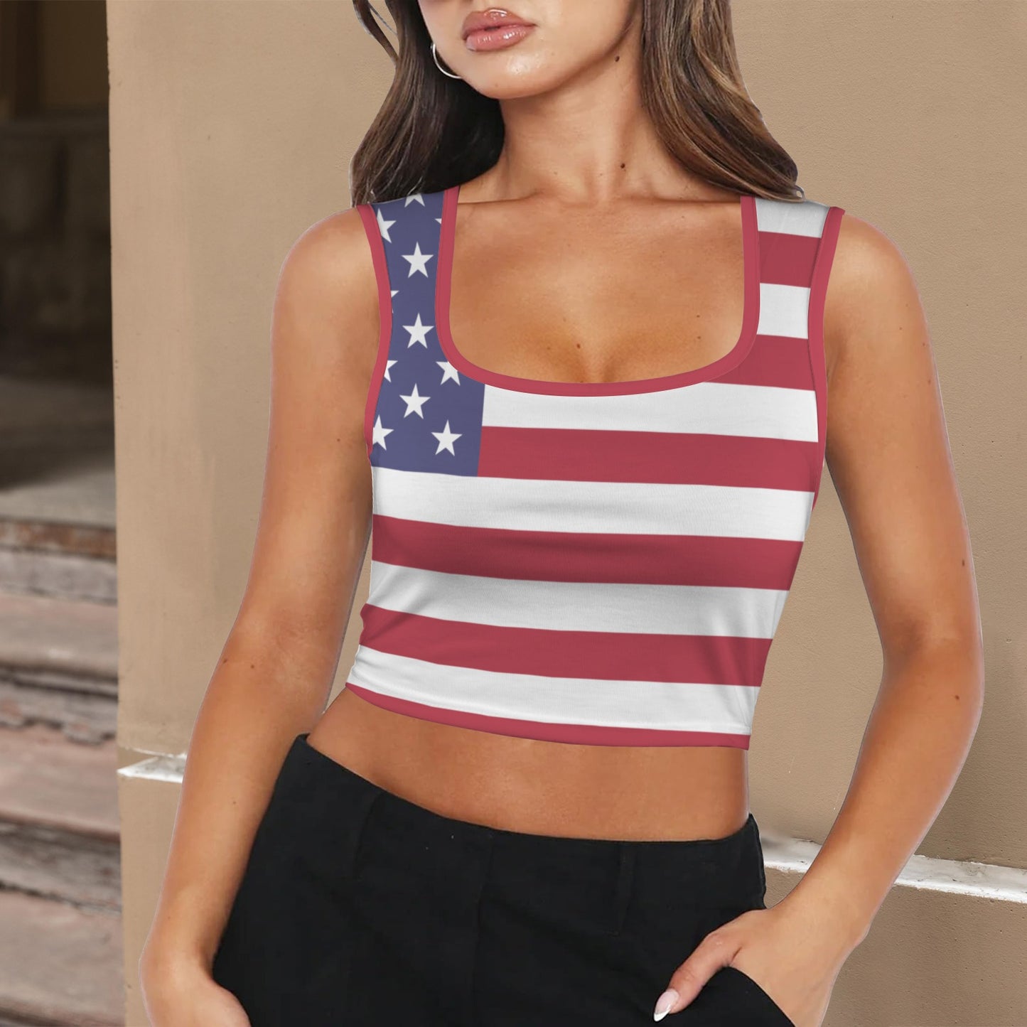 USA/American Flag Inspired Square Neck Crop Tank Tops