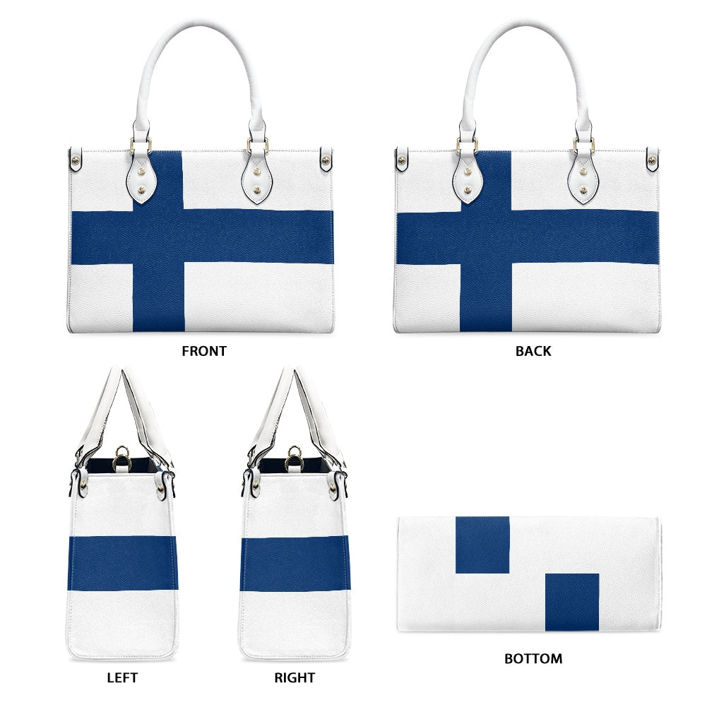 [Brand] handbag with Finnish flag design, various angles shown.