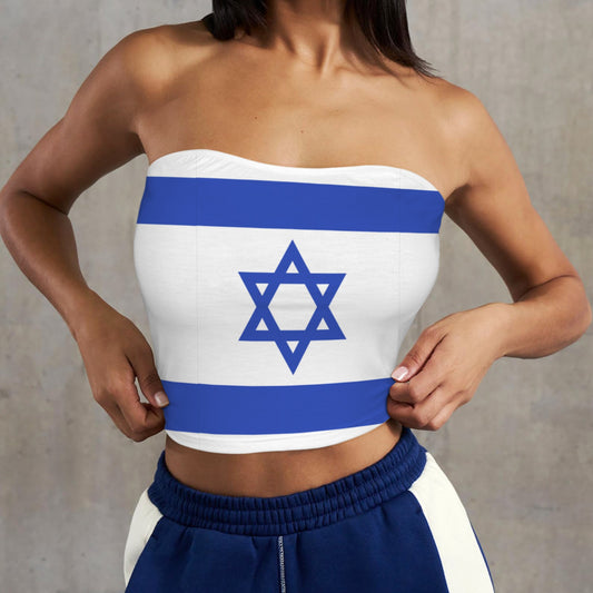 Woman wearing [Brand] top featuring Israeli flag design.