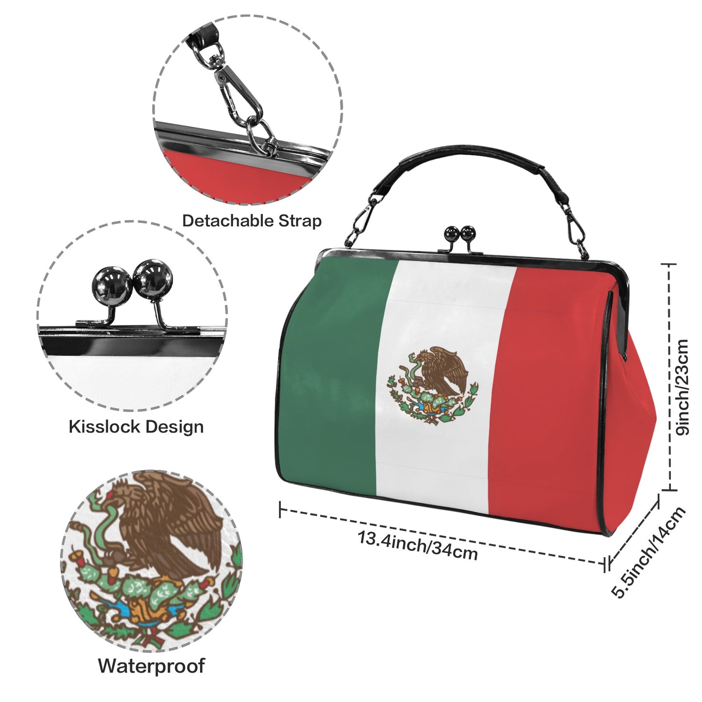 Mexico Flag Inspired Kisslock Crossbody Shoulder Bag-Large