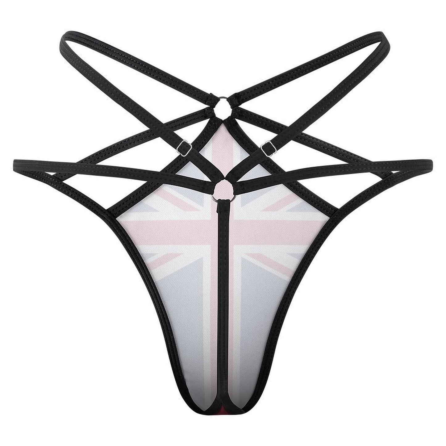 Black strappy thong with Union Jack design by [Brand].