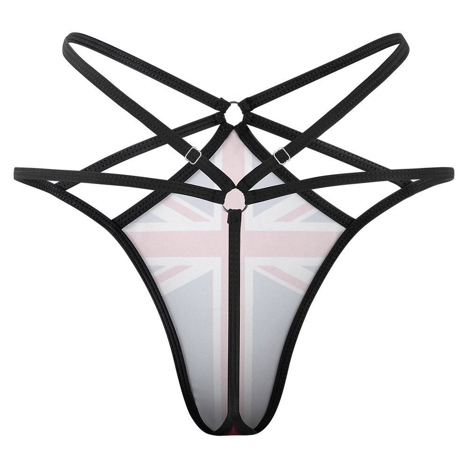 Black strappy thong with Union Jack design by [Brand].