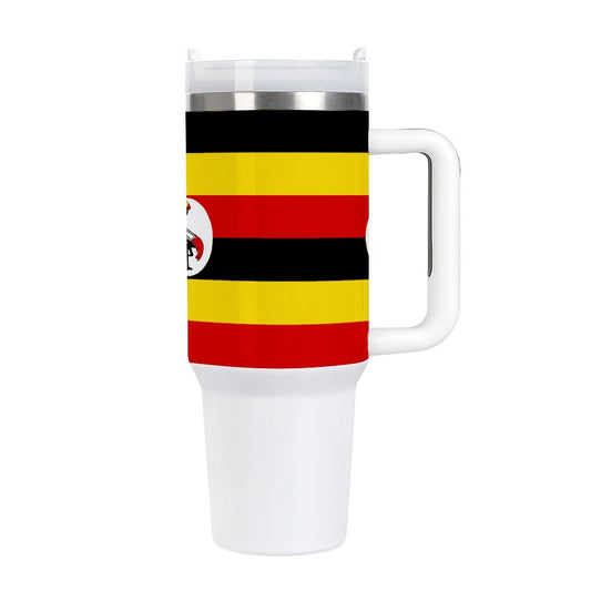 [Brand] mug with Uganda flag design, white handle tumbler.