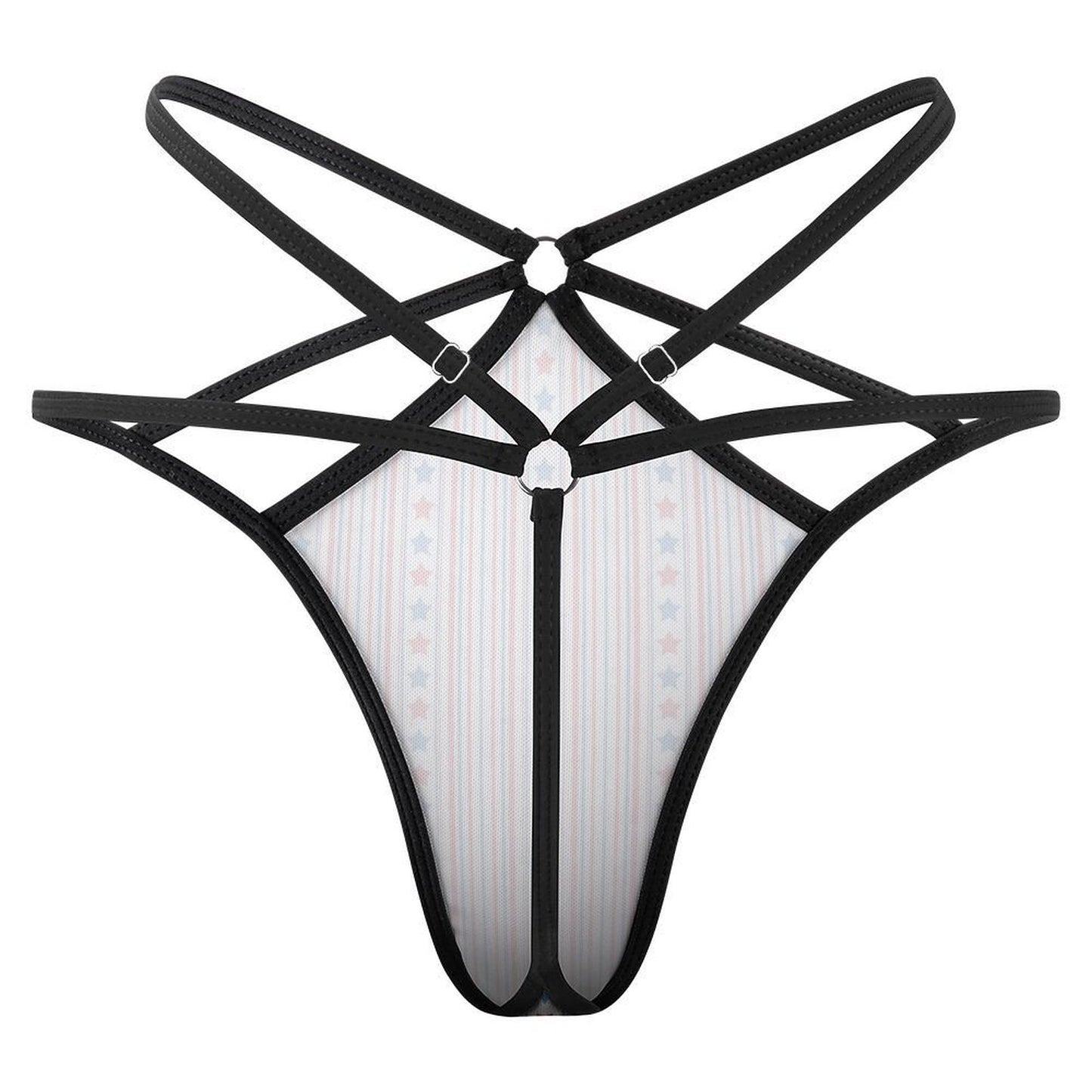 Black strappy [Brand] lingerie with sheer star-patterned fabric.