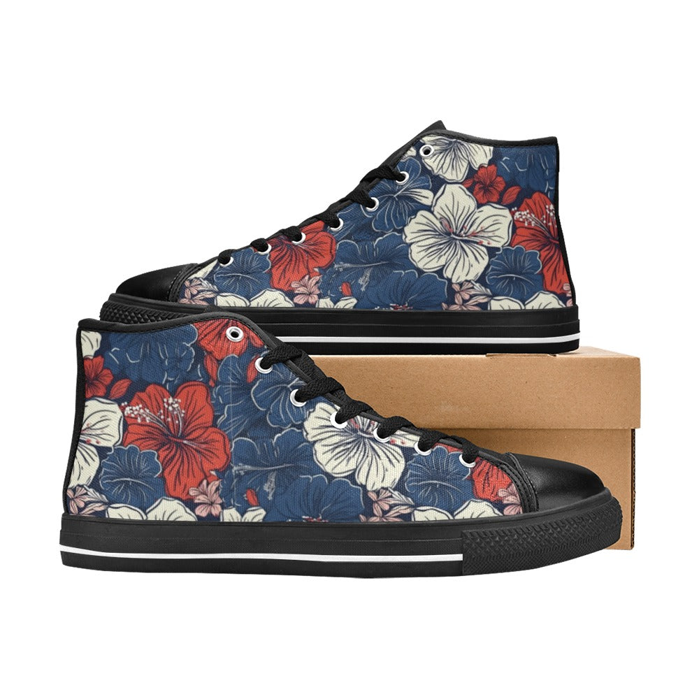 USA/American Flag Inspired Hawaiian Floral Pattern Kid's High Top Canvas Shoes