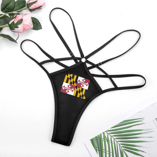 Black strappy thong with Maryland flag by [Brand].