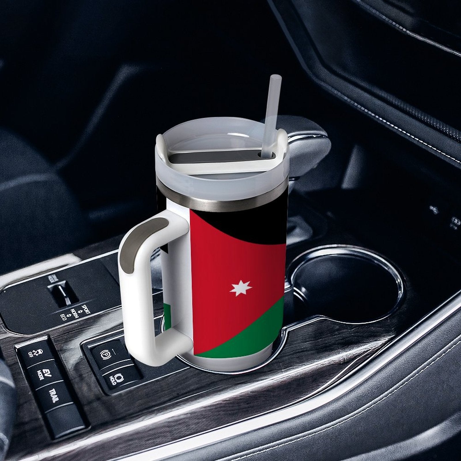 Travel mug with flag design in car, [Brand] cupholder.