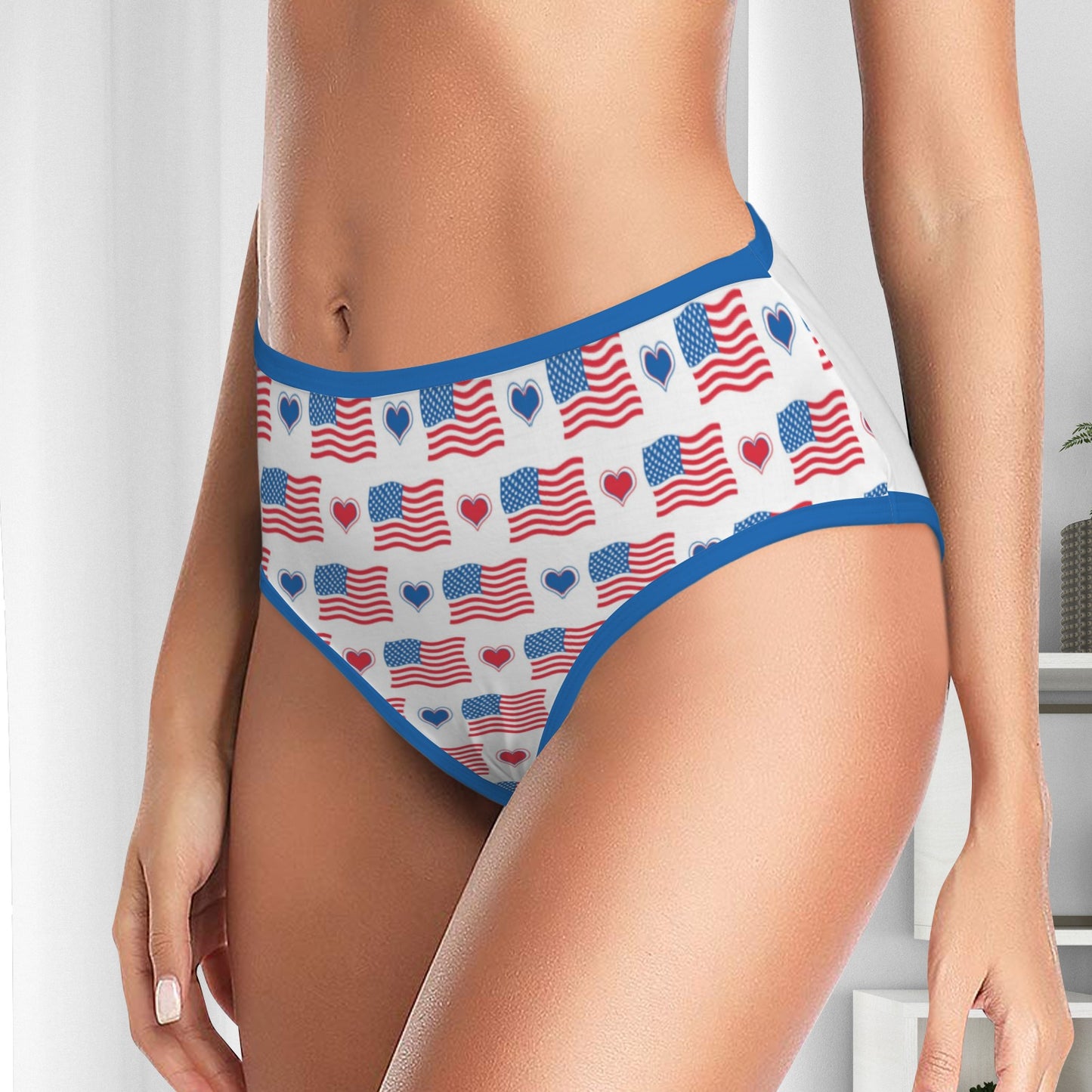 USA/American Flag Inspired Flag and Hearts Pattern Women's High Waisted Brief