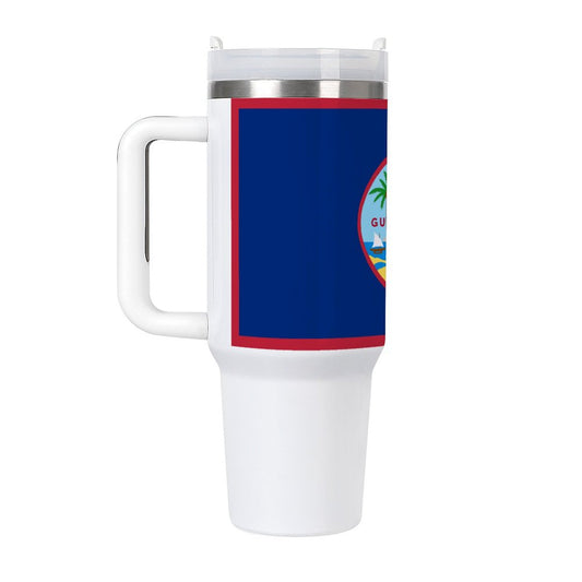 White travel mug featuring Guam flag, designed by [Brand].