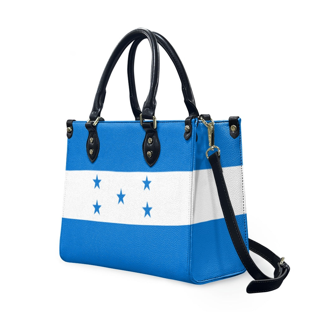 [Brand] handbag displaying the flag of Honduras, black handles.
