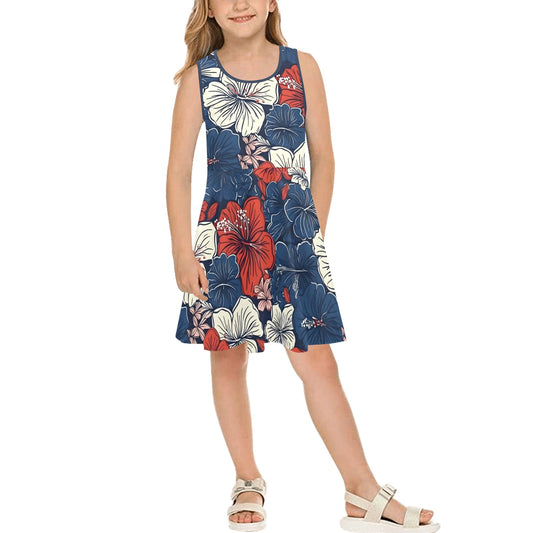 USA/American Flag Inspired Hawaiian Floral Pattern Girls' Sleeveless Sundress | Ships from USA