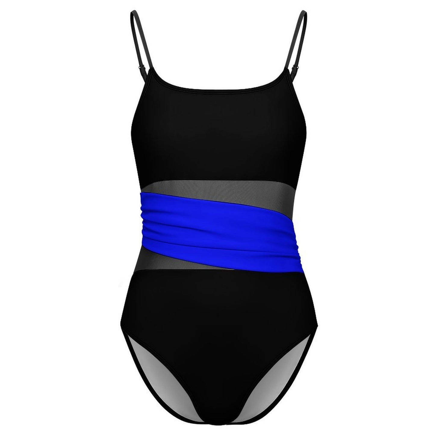 Thin Blue Line Flag Inspired Women's Square Neck Mesh Spliced One Piece Swimsuit