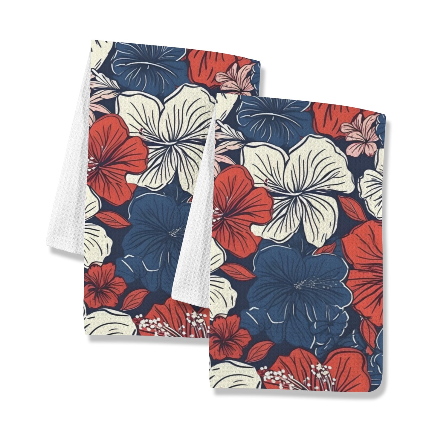 USA/American Flag Inspired Hawaiian Floral Pattern Kitchen Towel 40X60cm (Pack of 2) (Made in the USA)