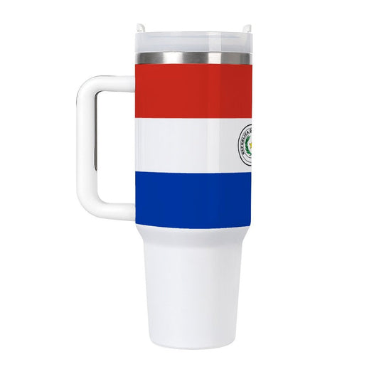 [Brand] tumbler with red, white, blue stripes and handle.