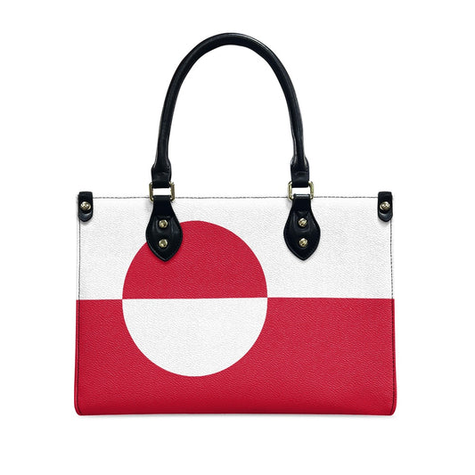 [Brand] handbag with Greenland flag design and black handles.