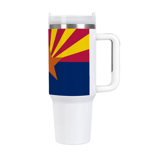 [Brand] travel mug featuring Arizona flag, white handle design.