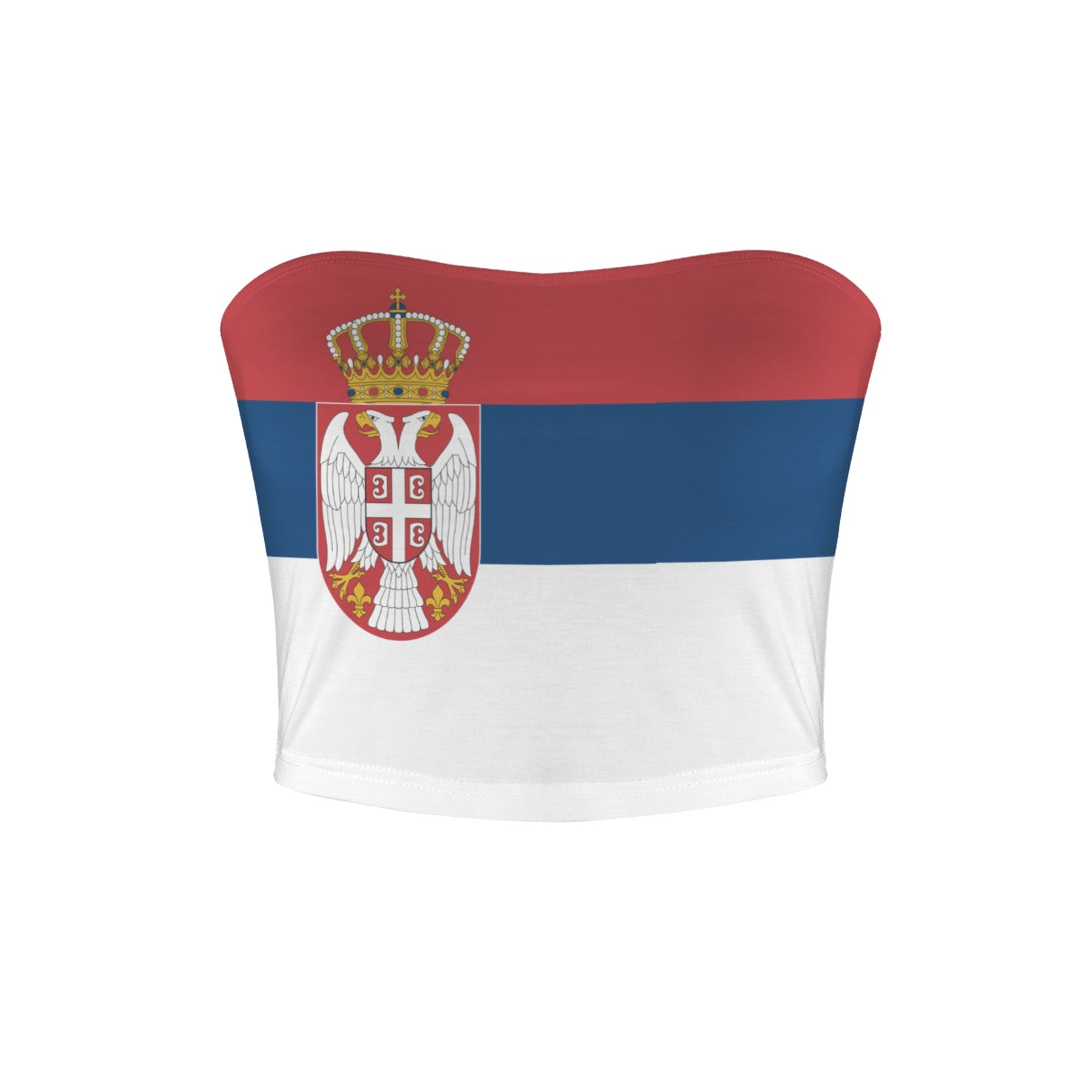 [Brand] tube top featuring the Serbian flag design prominently.