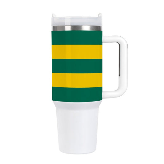 [Brand] mug with green and yellow horizontal stripes design.