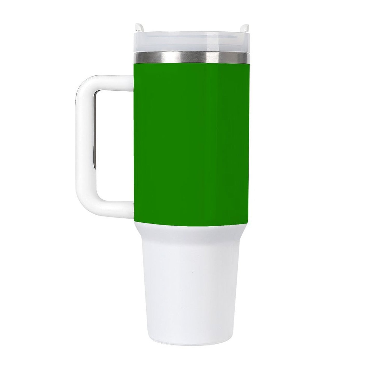 Green and white [Brand] travel mug with handle and lid.
