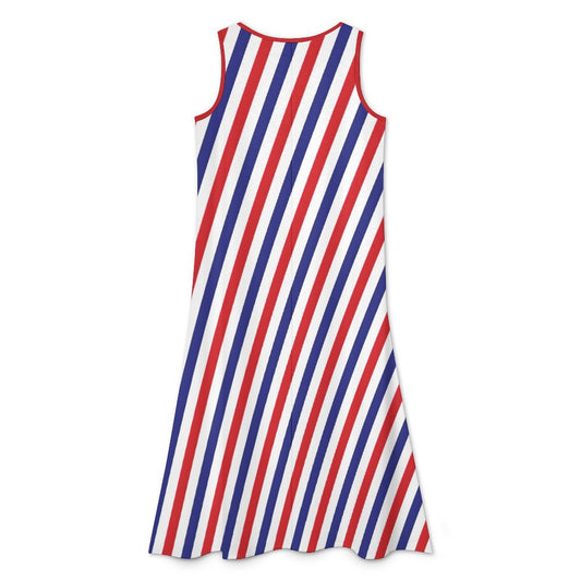 USA/American Flag Inspired Striped Pattern Sleeveless High-Low Hem Dress
