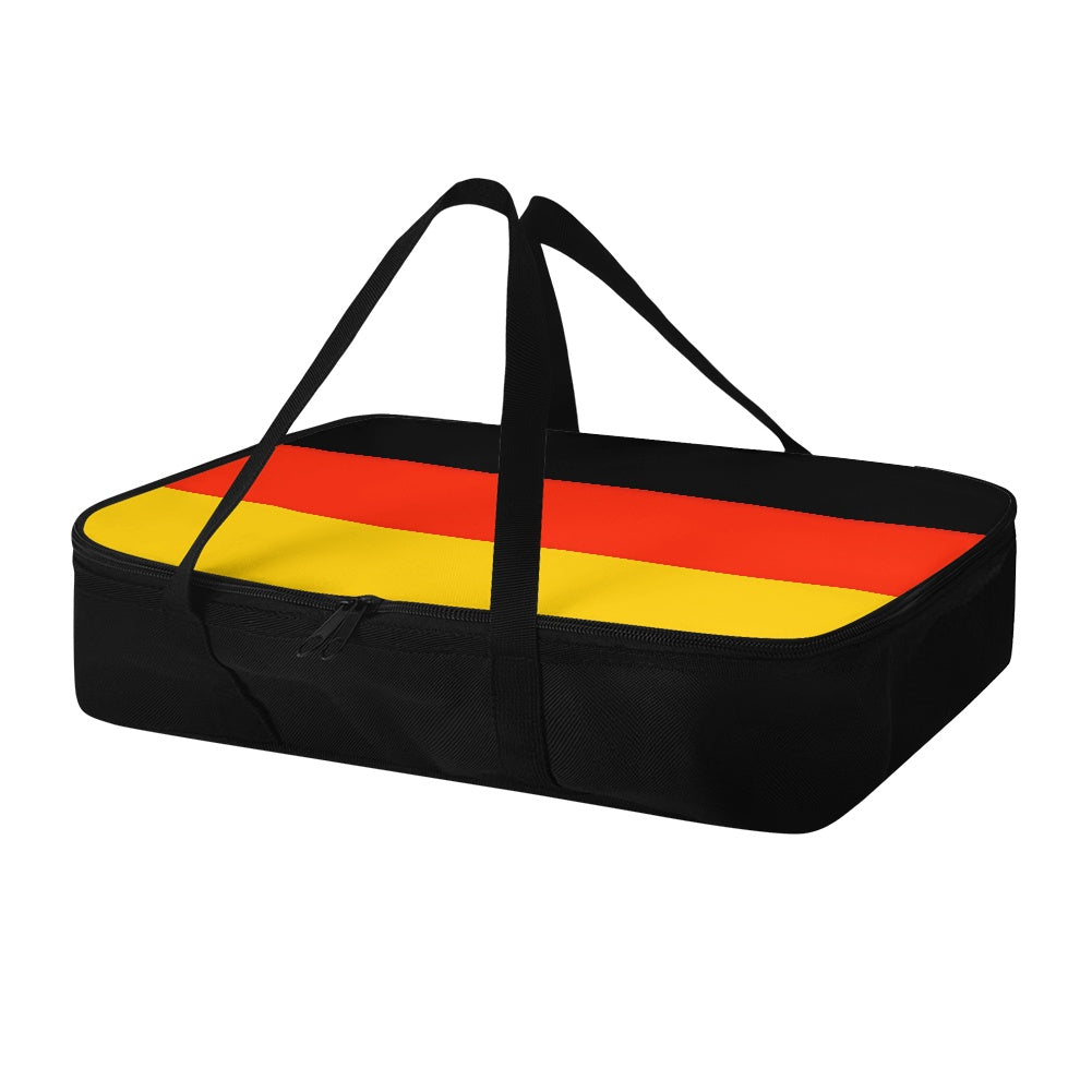 [Brand] black tote with colorful striped top design.