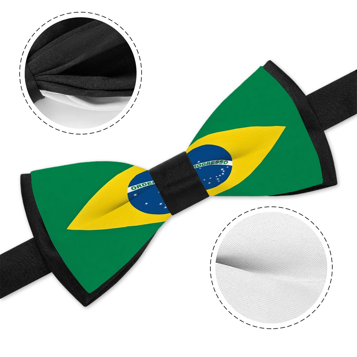 [Brand] bow tie featuring the Brazilian flag pattern design.