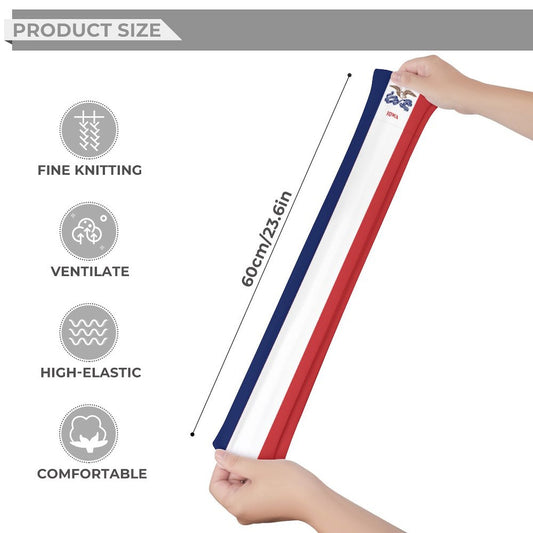 Hands holding [Brand] stretchy band, red, white, blue, 60cm.