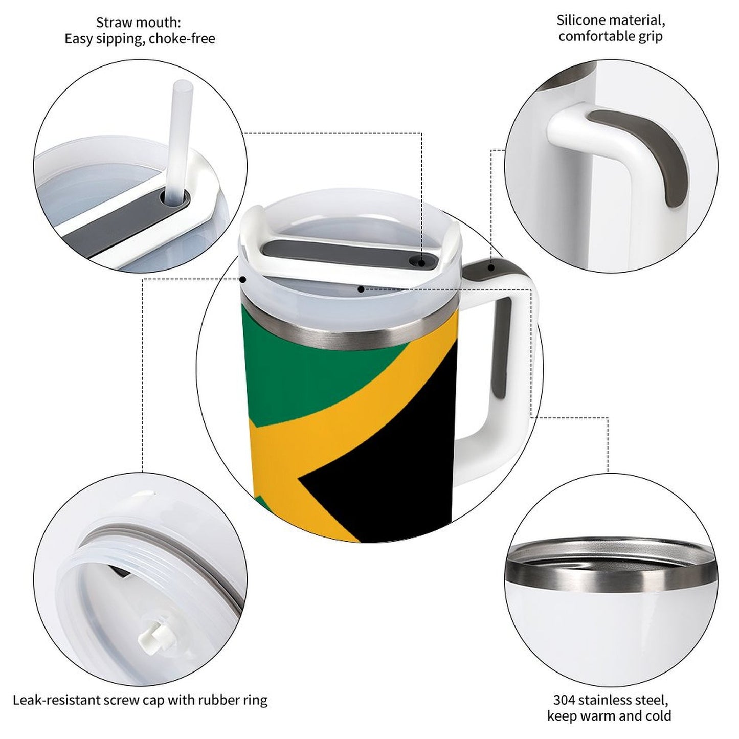 [Brand] mug featuring straw lid, durable silicone handle, stainless steel.