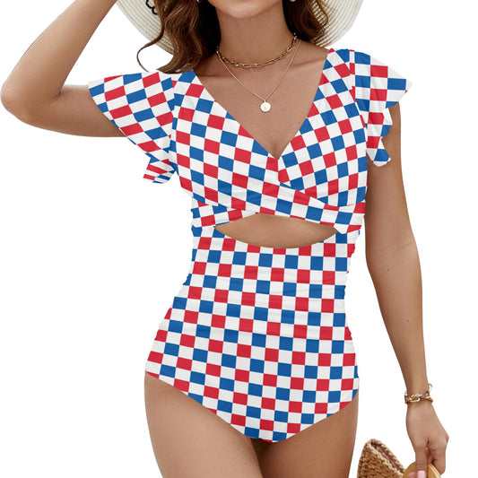 USA/American Flag Inspired Checkered Pattern Women's Twist Front Ruffle Sleeve Swimsuit