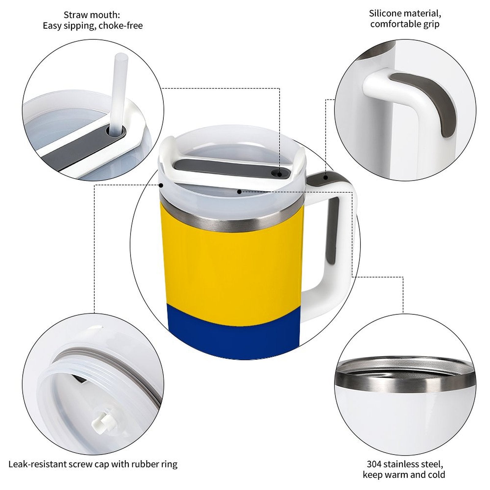[Brand] insulated mug with straw mouth and silicone grip.