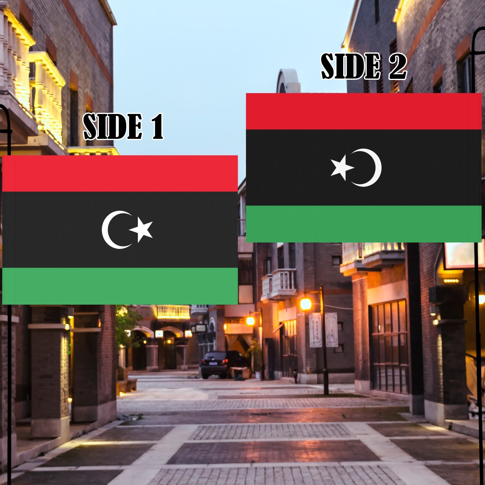 Street scene with two Luv My Flag Libyan flags.