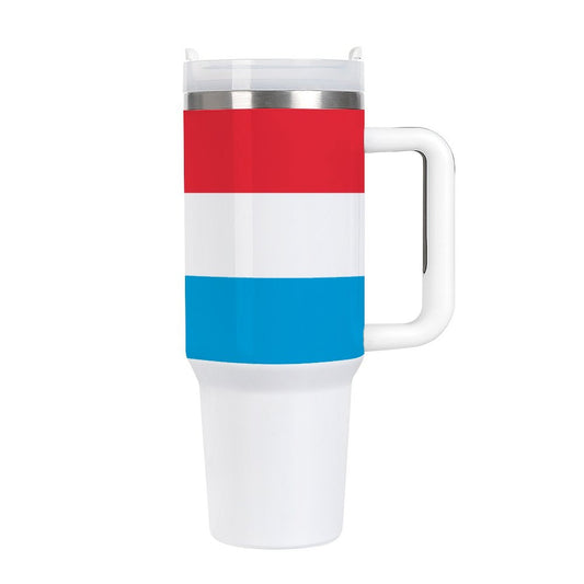 Brand insulated mug with tricolor stripes and handle.