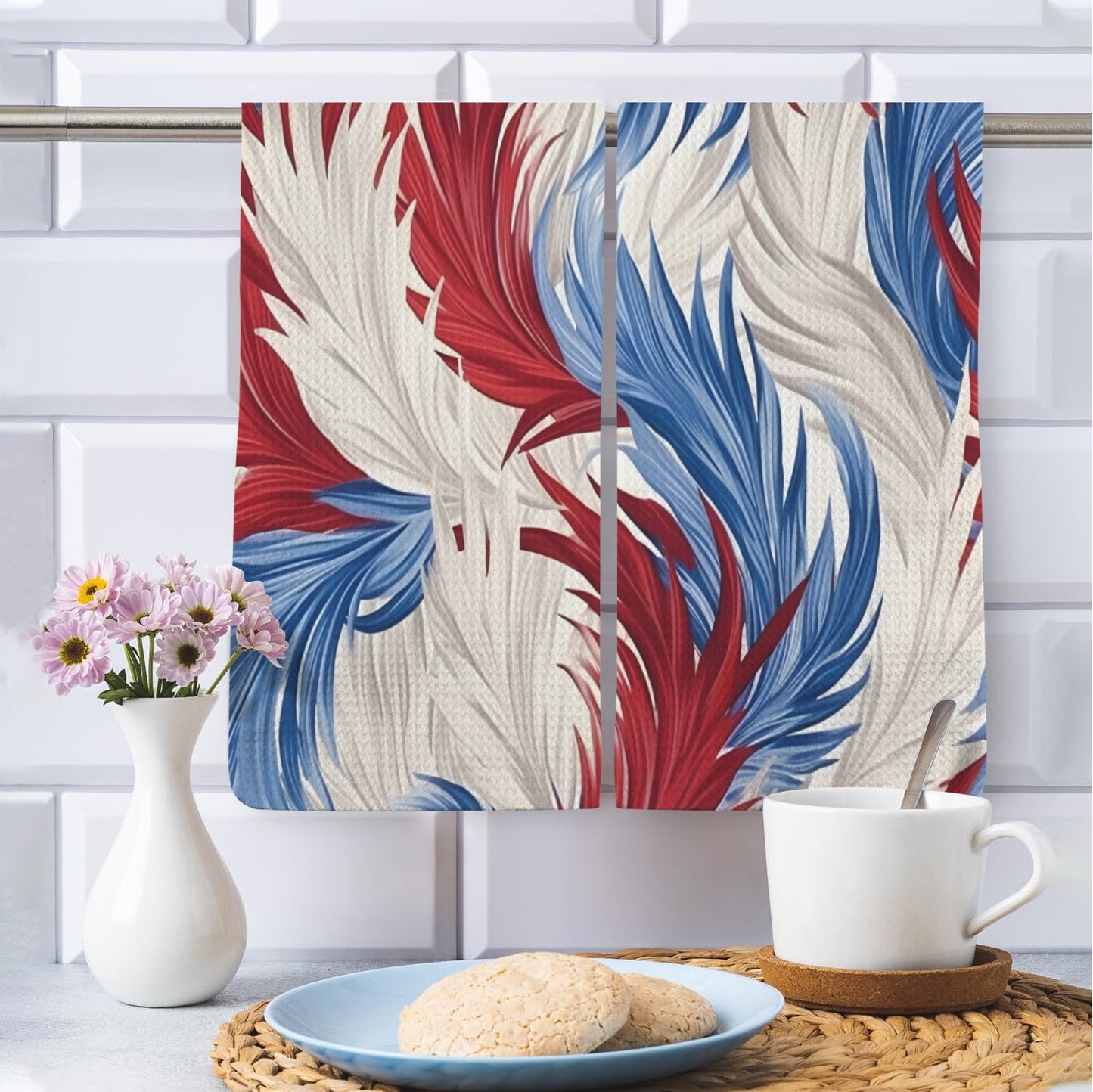 USA/American Flag Inspired Red, White & Blue Feather Pattern Kitchen Towel 40X60cm (Pack of 2) (Made in the USA)