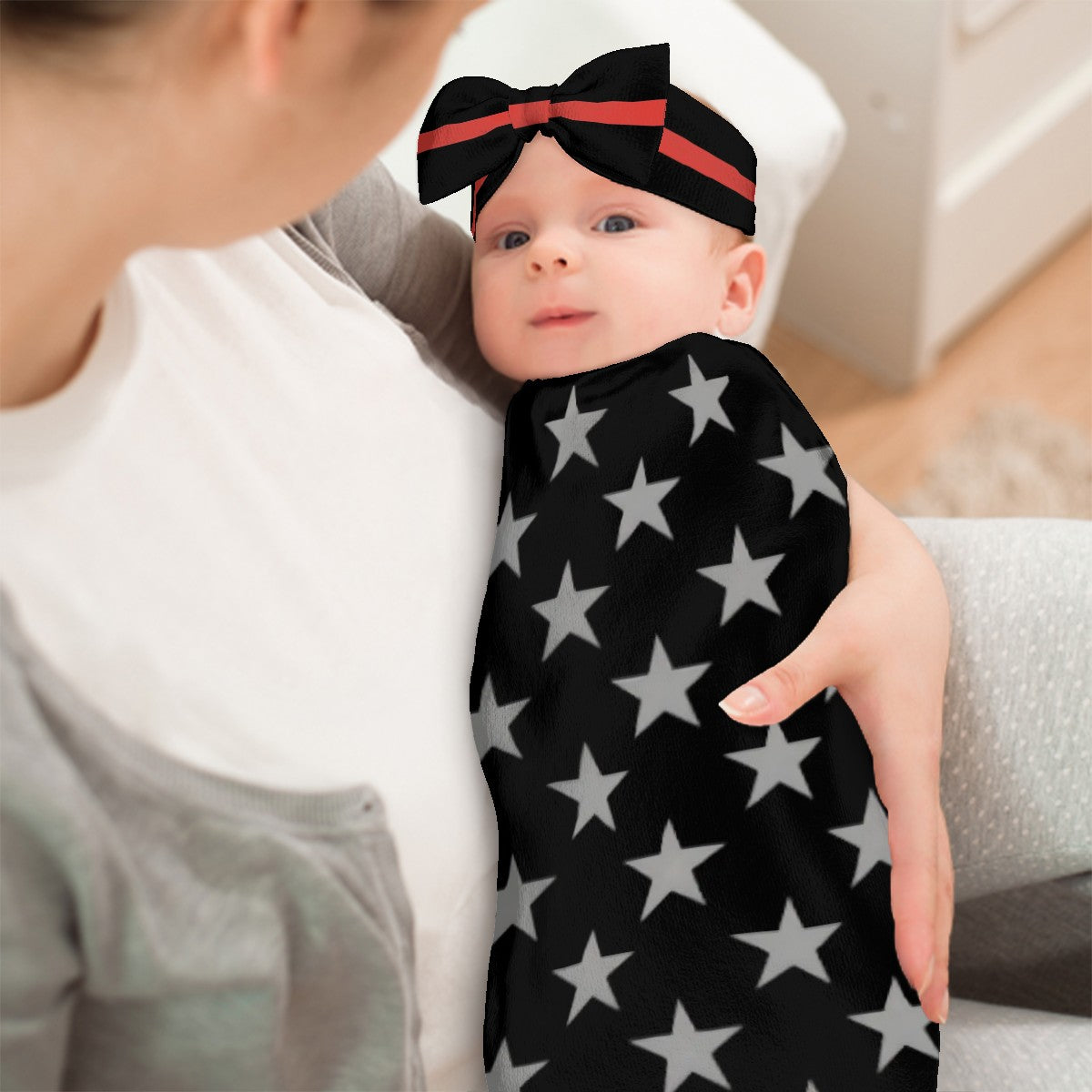 Thin Red Line Flag Inspired Baby Swaddle Sack with Baby Headband