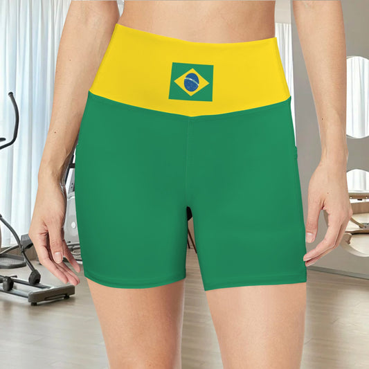 Brazil Flag Inspired Pocket Yoga Active Shorts