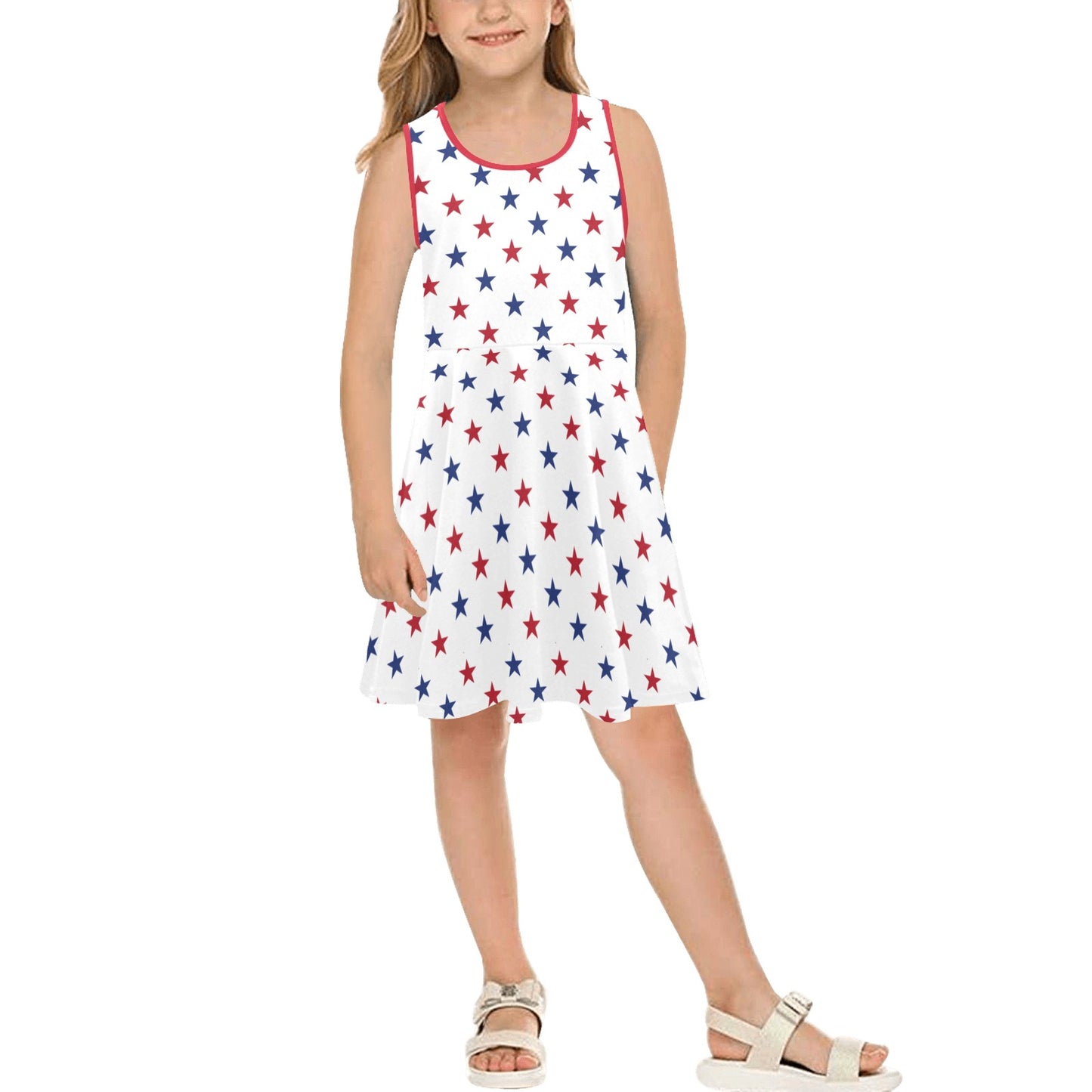 USA/American Flag Inspired Red and Blue Stars Pattern Girls' Sleeveless Sundress | Ships from USA
