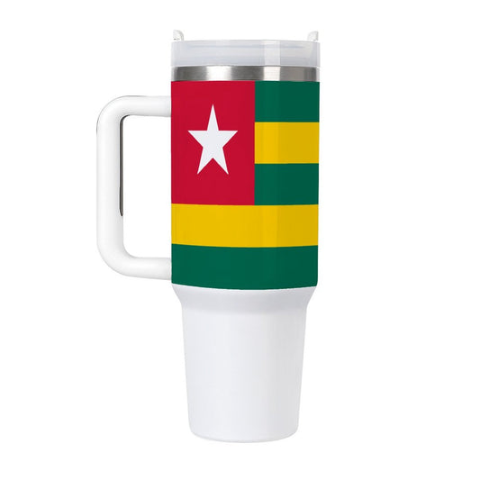 [Brand] mug with Togo flag design, white handle, lid.