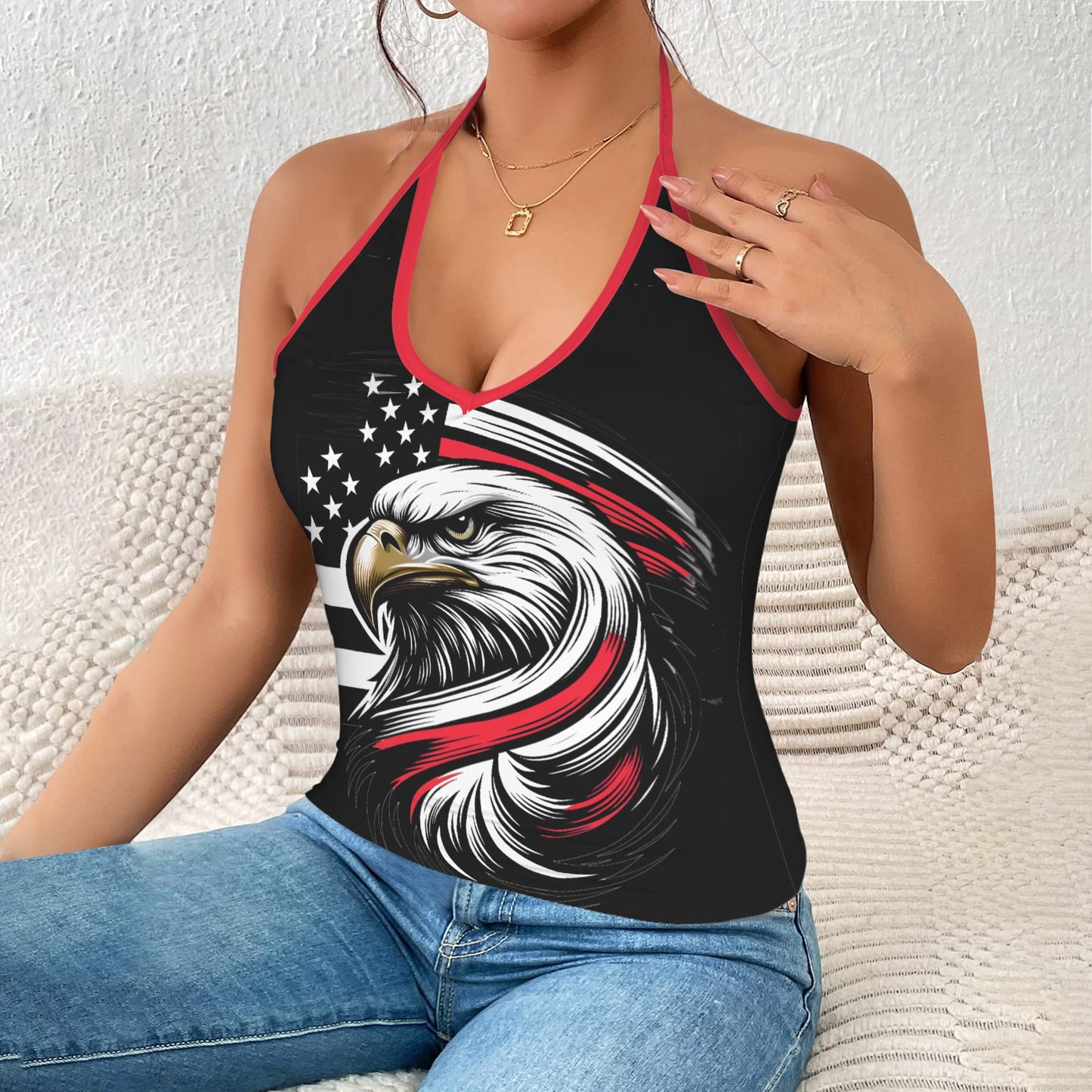 Thin Red Line Flag Inspired Eagle V-neck Halter Open Back Tank Top