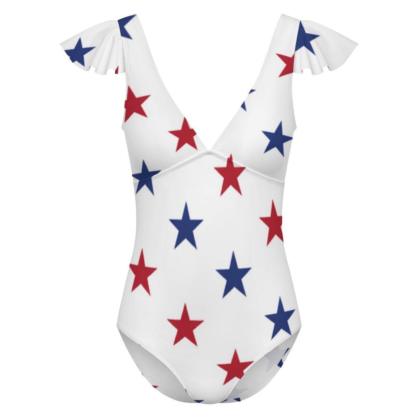 USA/American Flag Inspired Red and Blue Stars Women's V-neck Ruffle Sleeve One Piece Swimsuit