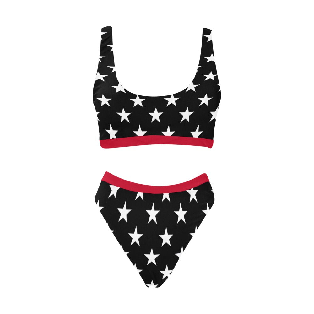 Thin Red Line Flag Inspired Sport Top & High-Waisted Bikini Swimsuit