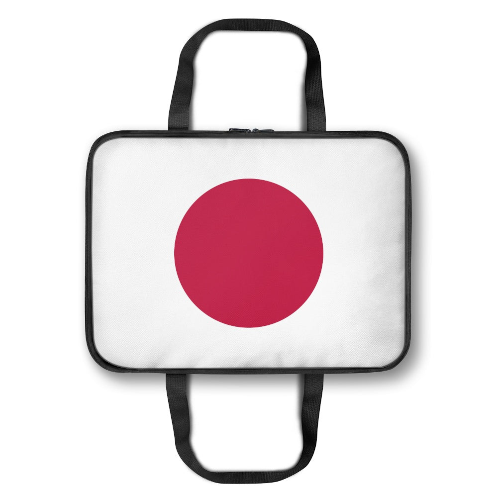 [Brand] laptop case with Japanese flag design, black handles.