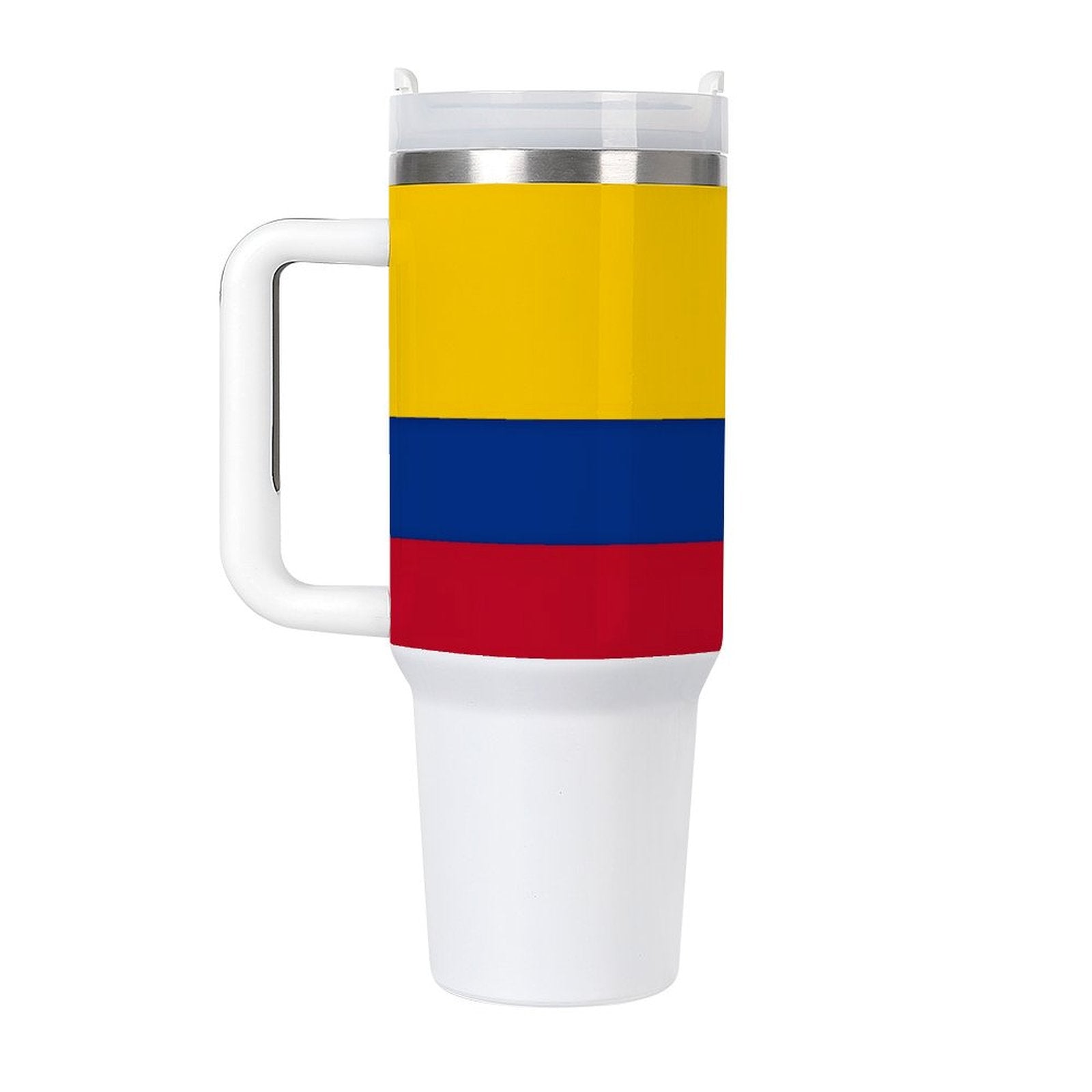 [Brand] white mug with Colombian flag-inspired design, handle.