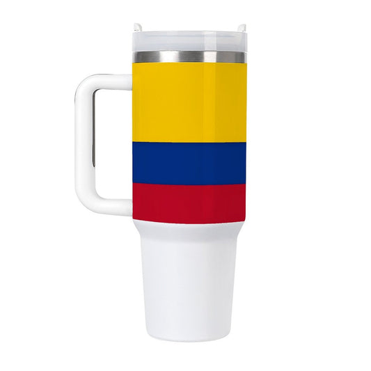 [Brand] white mug with Colombian flag-inspired design, handle.