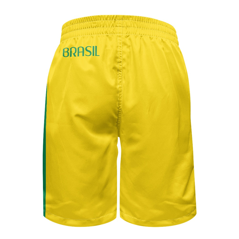 Back view of yellow and green Brazil flag swim trunks with elastic waistband and the word BRASIL printed in green on upper left side