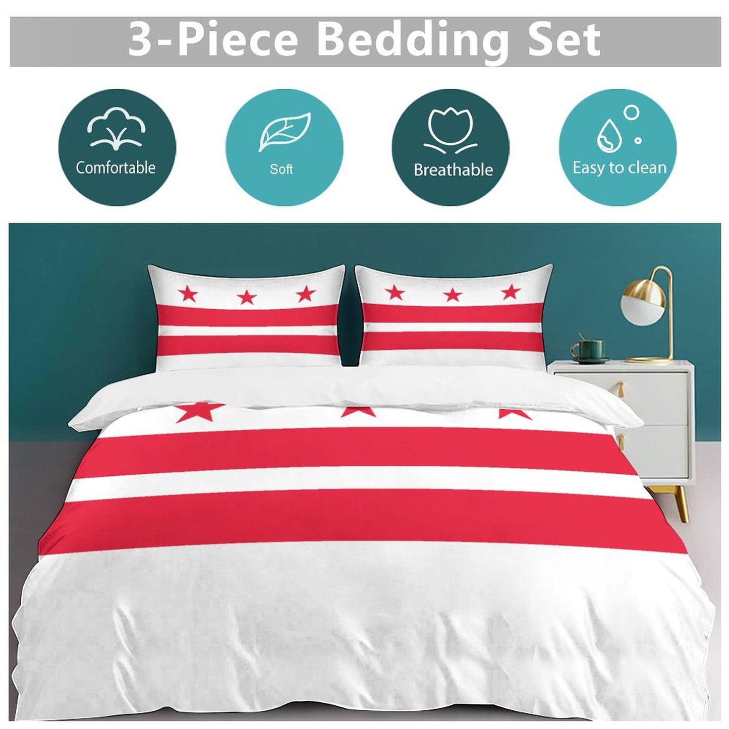 Washington D.C. Flag Inspired 3-Piece Bedding Set (1 Duvet Cover + 2 Pillow Shams) – 102"×90"