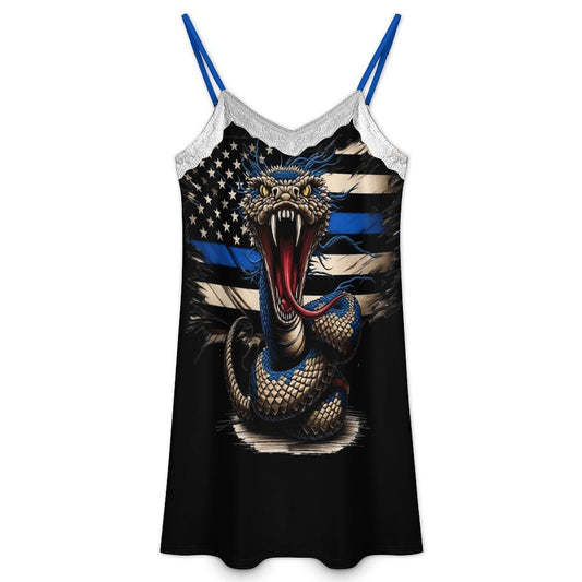 Thin Blue Line Flag (distressed with snake) Lace Trim Camisole Nightgown