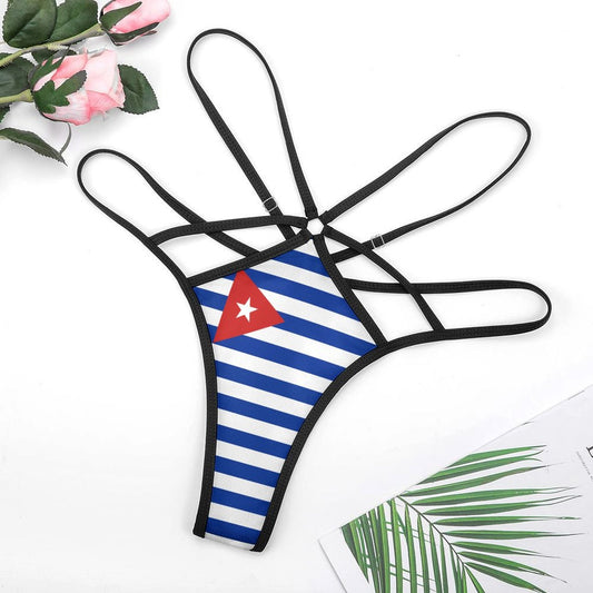 [Brand] striped patriotic thong with black straps and flowers.