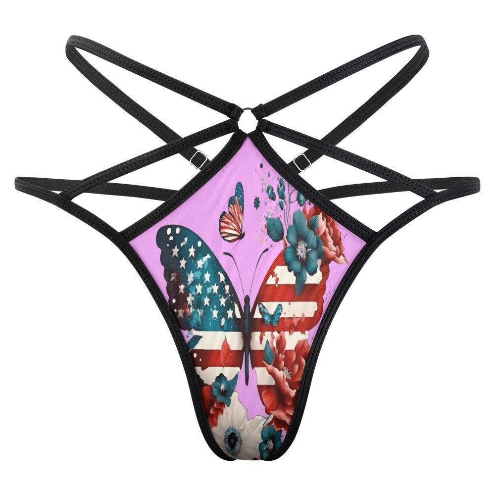 Black strappy [Brand] thong with butterfly and flower design.